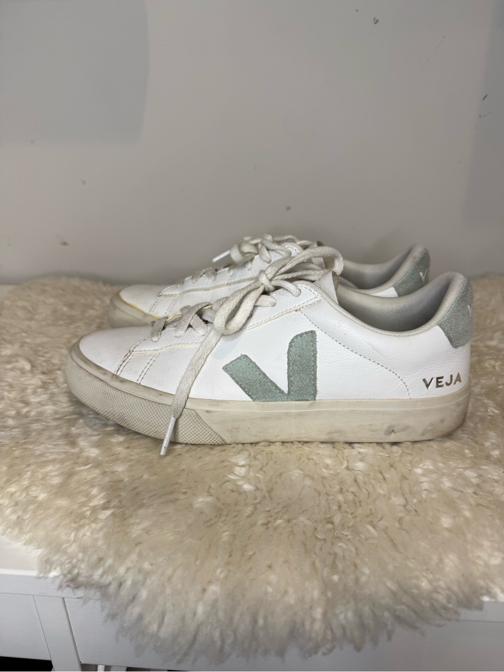 Veja Women's White Sneakers with Pale Green V Accent